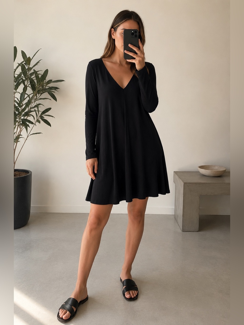 Elegant Black V-Neck Dress Jersey Relaxed Fit Longsleeve